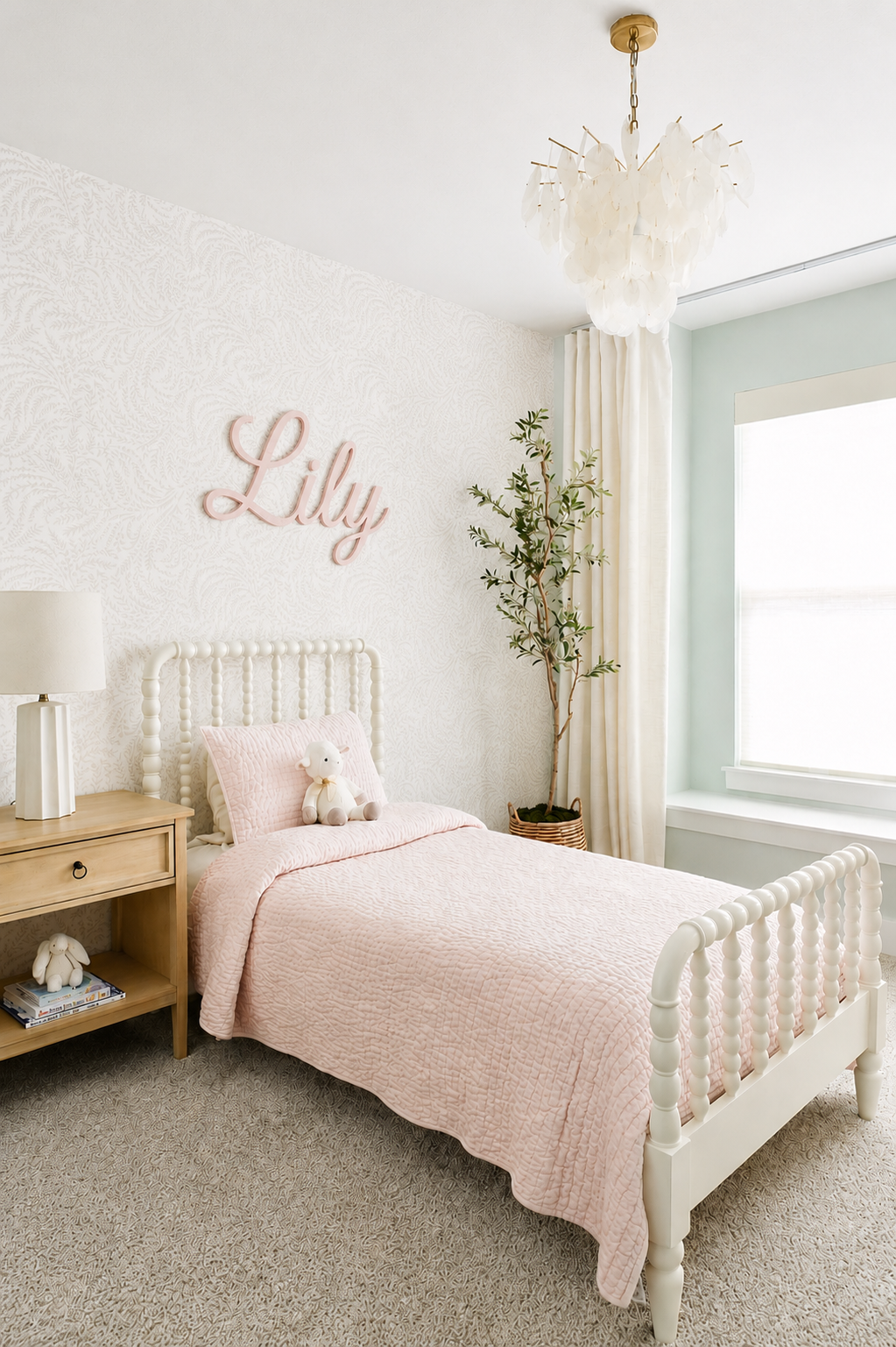 Serene bedroom with soft neutral tones, white furnishings, and natural light